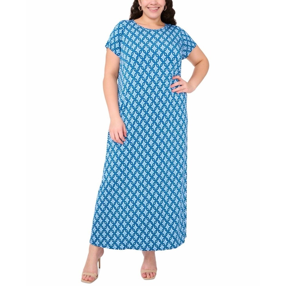 MSK Plus Size Printed Blue Round-Neck Short-Sleeve Maxi Dress 2X - Picture 2 of 6